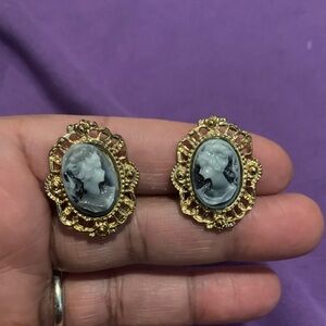 Vintage Gold and Blue Cameo Clip on Earrings
